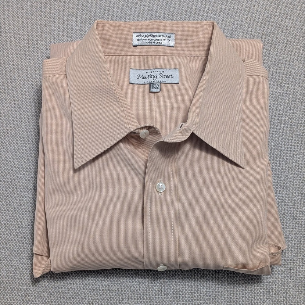 Meeting Street Men's Vintage Dress Shirt Beige 17.5 32/33 Non-Iron Cotton